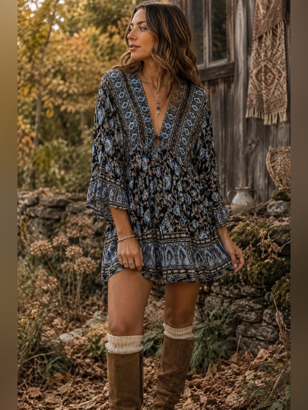 Free People Moonlight Dance Babydoll Tunic Mini Dress Black Combo Size L